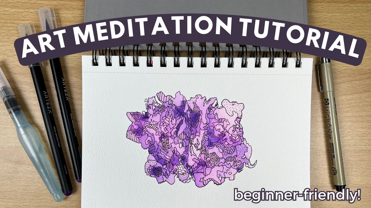Load video: Beginner-friendly art meditation! Learn a super simple, relaxing technique to help you feel creative, grounded, and at peace.   Art supplies used in this video:  - watercolor sketchbook - two watercolor brush pens - one water brush pen (filled with water) - black archival ink pen (size 05)